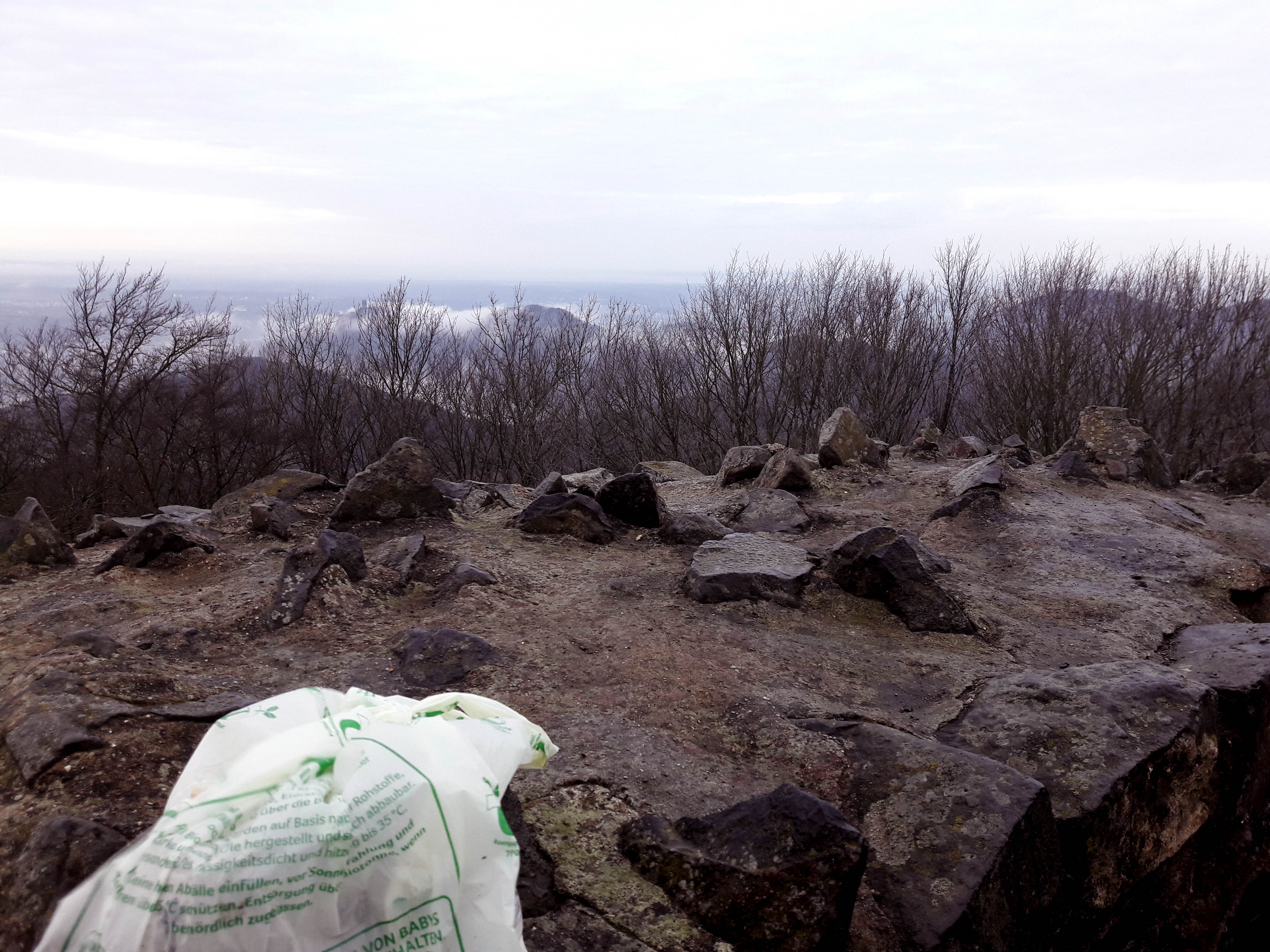 Aussicht von der Löwenburg auf den nebelverhangenen Drachenfels